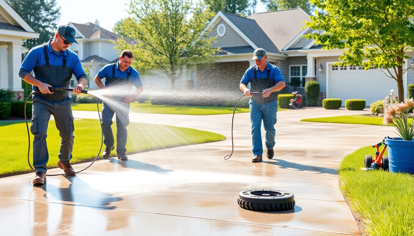 Driveway pressure wash by professionals revitalizing a concrete surface, showcasing expertise and cleanliness.