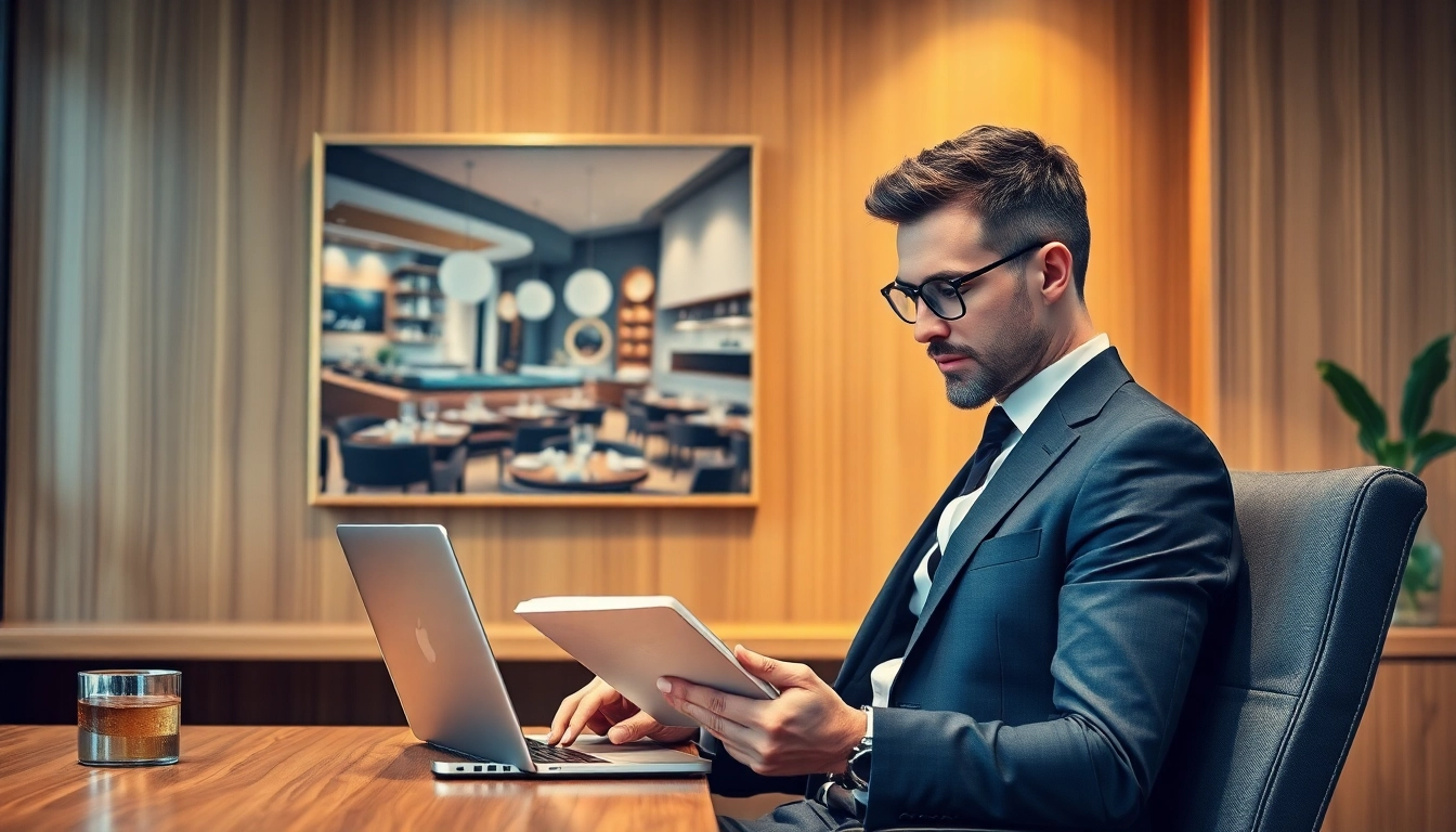 Professioneller Headhunter Gastronomie analysiert Unterlagen in modernem Büro.