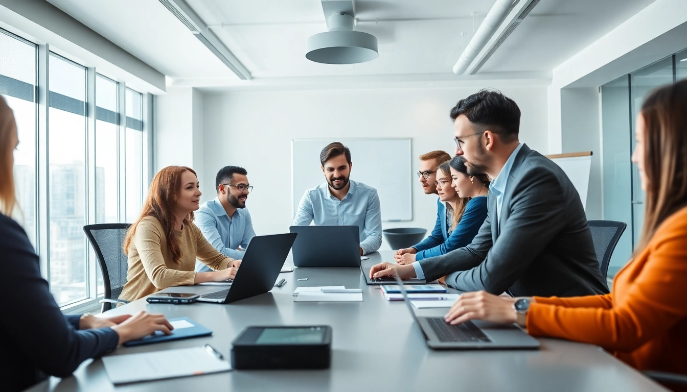 Headhunter IT team discussing recruitment strategies in a modern office.