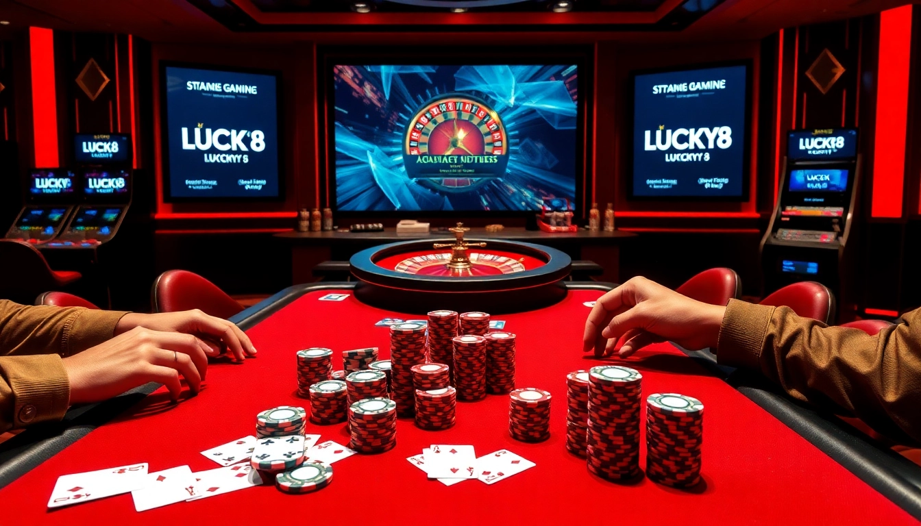 Cảnh chơi poker hấp dẫn có sự xuất hiện của thương hiệu LUCK8 và LUCKY8, thể hiện sự phấn khích với các lá bài, chip và vòng quay roulette.