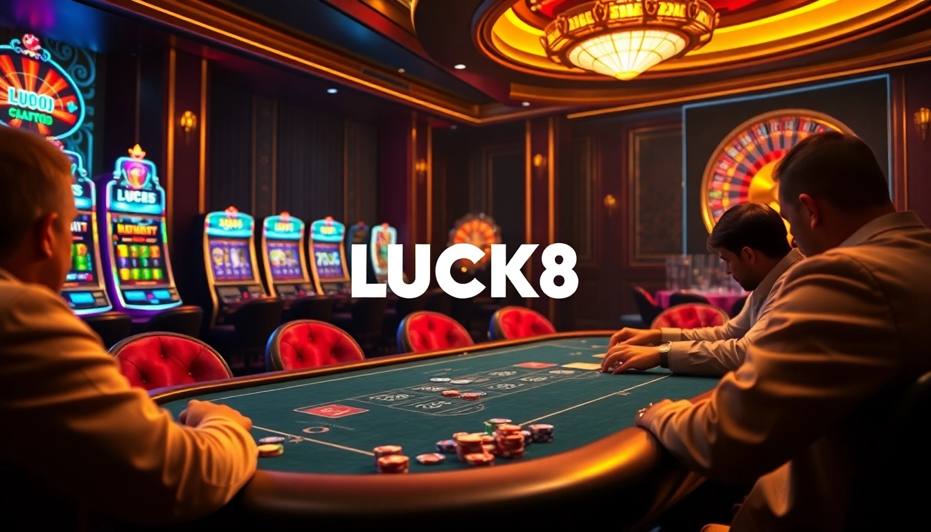 Người chơi casino LUCK8 lên chiến lược tại bàn poker trong bầu không khí casino sang trọng, sôi động.