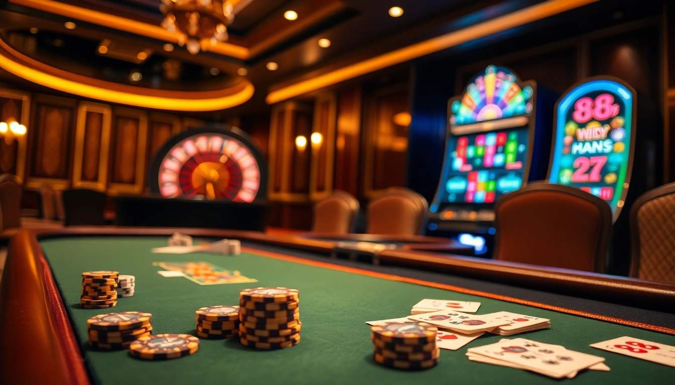 Experience the thrill of winning at 88i's elegant poker table with polished chips and vibrant casino elements.