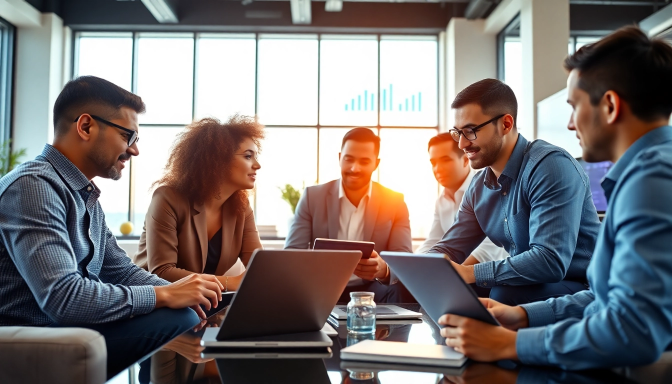 Headhunter IT team discussing recruitment strategies in a modern office setting.